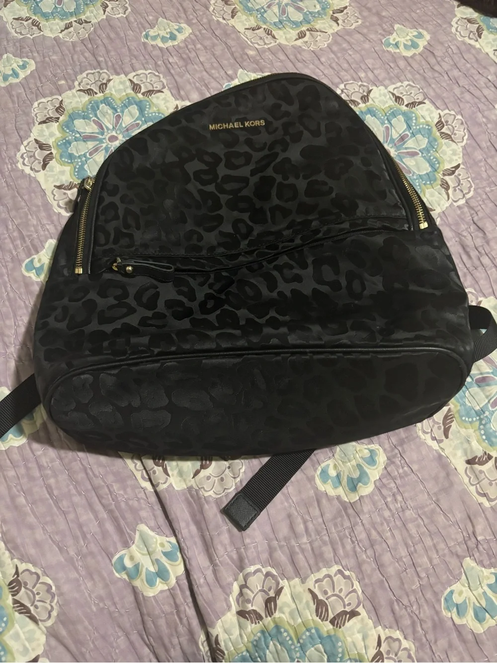 Michael Kors Black Leopard-Print Nylon Backpack with Gold Hardware